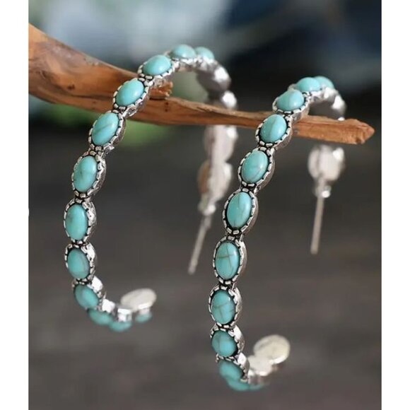 Turquoise Stone Hoop Earrings With‎ Silver Accents NEW - Picture 1 of 4